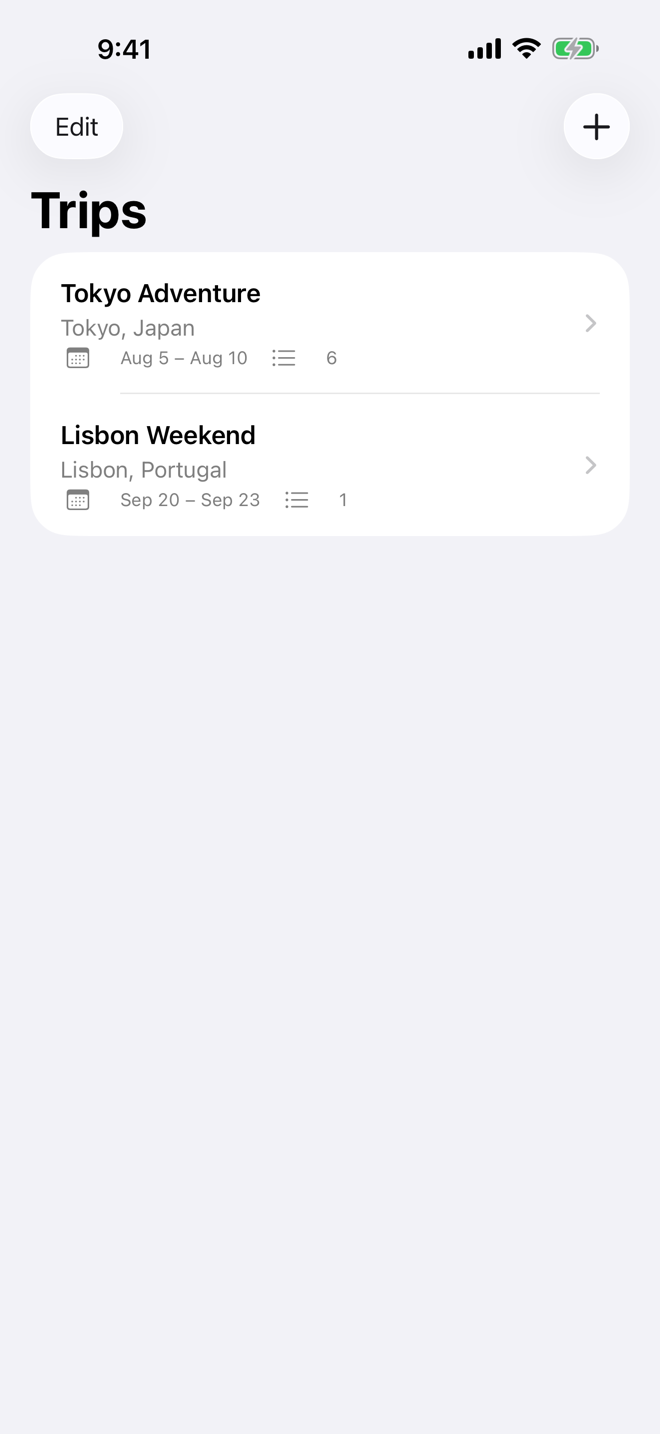 Trips list showing Tokyo and Lisbon