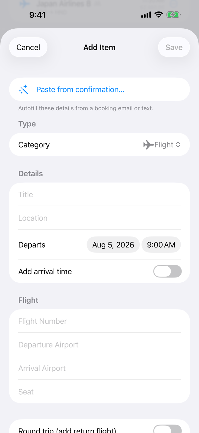 Add item screen with Paste from confirmation