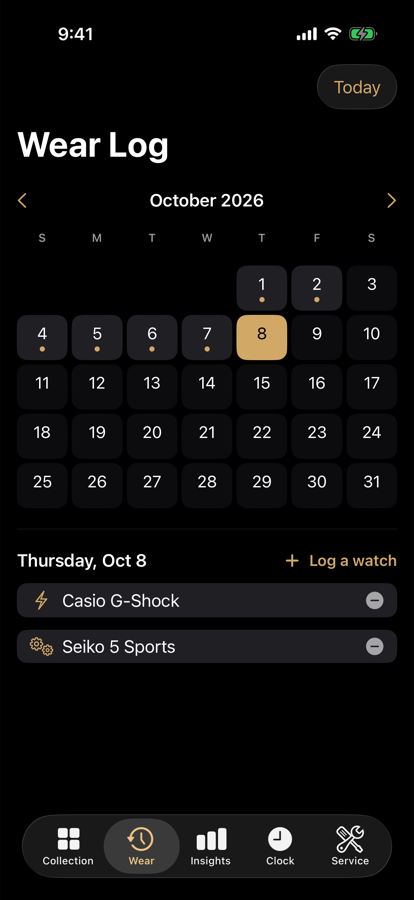 Wear log calendar with the day's watches
